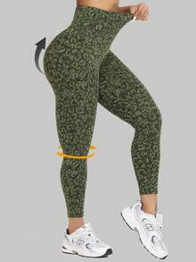 Women's High Waisted Yoga Sports Leggings, Fashionable Women's Sports Leggings, Sports Pants. Back Waist Pocket Design, Sporty Tie Dye High Waisted Sports Leggings, Suitable For Yoga Women's Pants - 軍綠色 - 查看 3