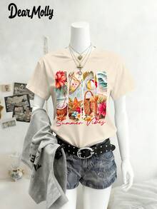 DEAR MOLLY 夏季海滩风情印花圆领短袖T恤，适合派对、聚会及各种场合，四季皆宜，是送给妈妈的理想礼物。 - 杏色 - 查看 3