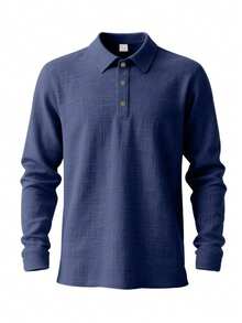 Men's Lightweight Loose Linen Long Sleeve Polo Shirt For Spring & Summer, Half-Placket Button Design, Breathable & Comfortable, Suitable For Beach, Outdoor Activities, Family Gatherings (Note: White, Light Blue, Etc. Colors Are Slightly Sheer; European & American Sizes Run Large, Recommend Ordering One Size Down) - 藏蓝色 - 查看 6