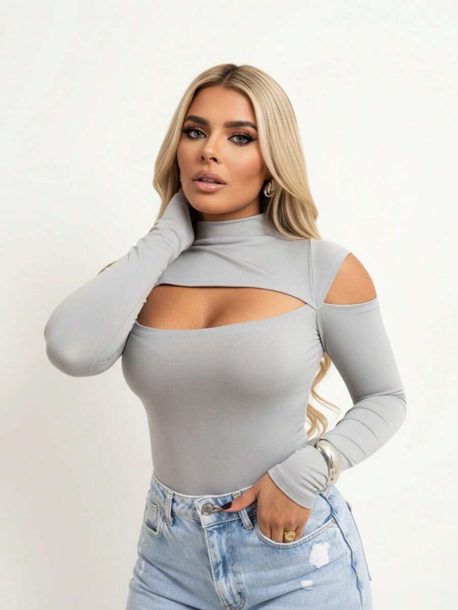 Bori Women's Bodysuit Long Sleeve Cutout Bust Hollow Out Sleeve High Neck Chic Timeless Leotard Second Skin - Xám - Xem 1
