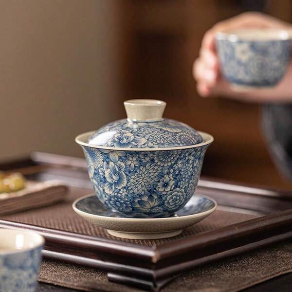 1 pieza Gaiwan de porcelana azul y blanca vintage hecho a mano, con patrón tradicional chino, vajilla de té exquisita con capacidad de 150ml, adecuado para la ceremonia del té en el hogar y como regalo