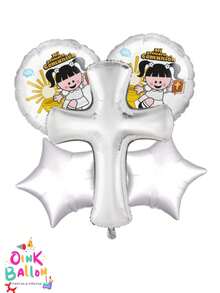 Set 5 Globos Metálicos Comunión Cruz Decoracion Fiesta set 5 globos metalicos comunion cruz paquete decorativo ceremonia religiosa fiesta comunion diseño sobrio y elegante resistente brillo facil inflado ideal para centros mesa envio rapido garantia - Plateado - Ver 2