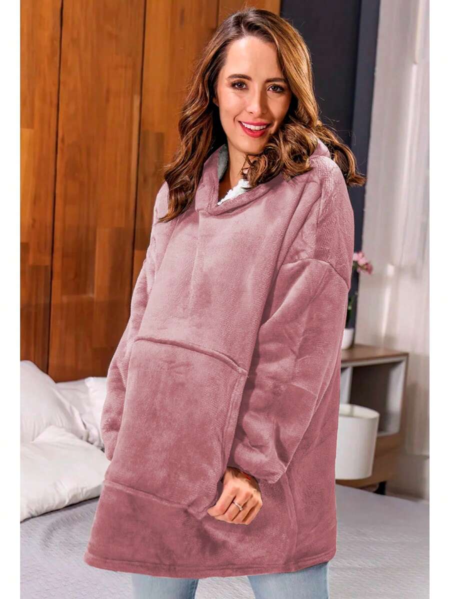 Sudadera Hoodie Manta de Mujer Con Capucha y Forro Afelpado angas con Bolsillos, Cálida y Acogedora Manta para Adultos, Talla única Sudadera con Longitud Extra, Gigante Bolsillo, Multifuncional, Manta Bata Sudadera Cobija Hoodie Con Capucha Afelpada Calientita Suave - Rosa - Ver 1