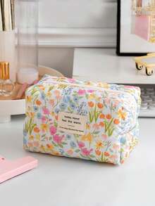 1 Set Of 3 Floral Pattern Portable Cosmetic Bags, 1 Fashionable Casual Large Capacity Zipper Cosmetic Bag, 1 Travel Makeup Bag For Storing Sanitary Napkins, Toiletries, Desktop Organizer - Multicolor - View 13