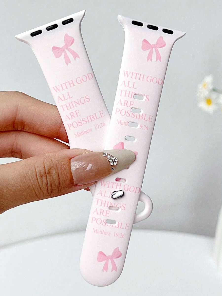 1pc Pink Bow Slogan Printed Silicone Strap Bands Compatible With Apple Watch Band 38mm 40mm 41mm 42mm 44mm 45mm 49mm (S10 42)Mm (S10 46)Mm Women,Fashionable And Cute Sports Silicone Watch Strap Compatible With Iwatch Series 11 Ultra 3 SE3 Ultra 2 S10 SE2 9 8 7 SE 6 5 4 3 2 1, Perfect Gift For Thanksgiving,Halloween,Birthdays,And More-Unisex For All Ages,Fashion Accessories
