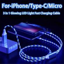 Fast Charging Data Cable (Shining Fiber) 1pc LED Apple Charging Cable 3 In 1 Glowing Data Cable USB C+Lightning+Micro USB Charging Cable, Compatible With IPhone 17/17 Pro/17 Pro Max/16/15/14/13/12, Portable Travel Charger Gift Party - Multicolor - View 6