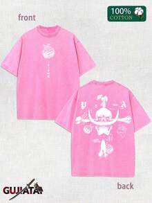 Anime One Piece  Washed T-Shirt Men's Printed Cotton T-Shirt Short-Sleeved T-Shirt Oversized Top Fashion Street Wear Unisex - 玫紅色 - 查看 1