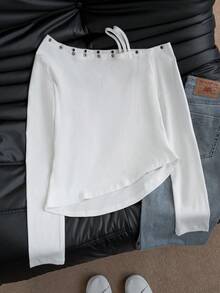 女士休闲露肩字母印花毛衣，甜美可爱长袖上衣，秋冬