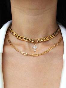 Tkool 2 pièces Collier chaîne en cuivre incrusté de zirconium cubique style hip-hop, chaîne épaisse exagérée, ensemble de collier trombone pour le port en extérieur - Or jaune - Voir 1