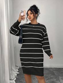 Vestido casual de mujer talla grande con bloques de color y rayas acanaladas en negro - Negro - Ver 4