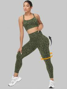 Women's High Waisted Yoga Sports Leggings, Fashionable Women's Sports Leggings, Sports Pants. Back Waist Pocket Design, Sporty Tie Dye High Waisted Sports Leggings, Suitable For Yoga Women's Pants - 軍綠色 - 查看 4