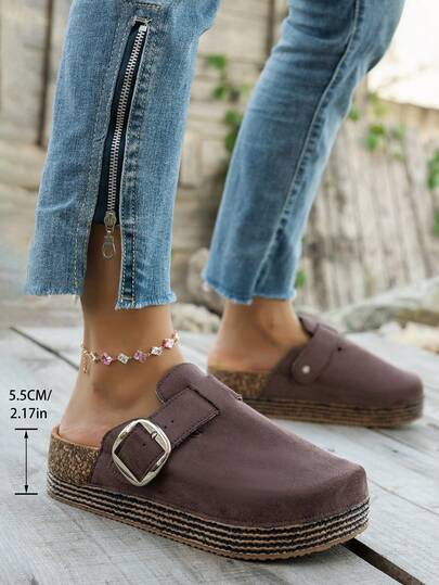 5.5 厘米厚底女式一脚蹬凉鞋，棕色，搭扣设计，软木厚底增高鞋，百搭休闲厚底拖鞋，适合室内外穿着