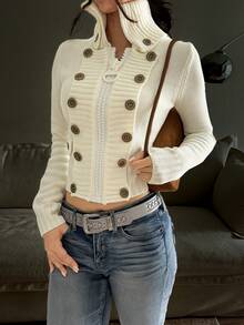 Áo khoác cardigan nữ thanh lịch, phong cách thường ngày hiện đại, thiết kế phá cách, hai hàng cúc, ôm dáng, màu trắng. - trắng - Xem 4