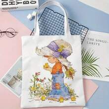 Bolso de tela con impresión de niña de dibujos animados vintage a doble cara, bolso de compras con estampado de flores, estilo bohemio y académico, ideal para regalos de Otoño, Acción de Gracias y Pascua, adecuado para uso diario, picnics, vacaciones en la playa, trabajo y escuela, 16in*14in