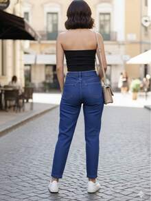 Women Jeans - 深色水洗藍 - 查看 2