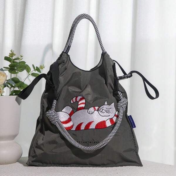 Popular Cross-Border Japanese Style Women's Handbag, Nylon Embroidered Tote Bag, Fashionable Casual Commuting & Shopping Shoulder Bag