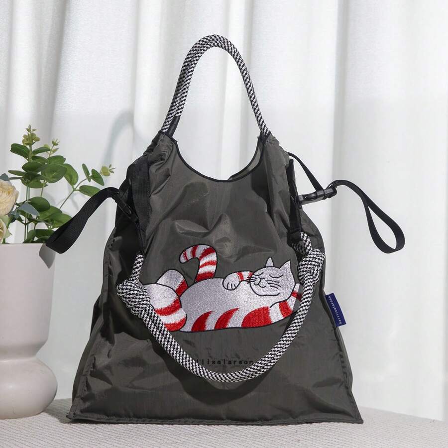 Popular Cross-Border Japanese Style Women's Handbag, Nylon Embroidered Tote Bag, Fashionable Casual Commuting & Shopping Shoulder Bag