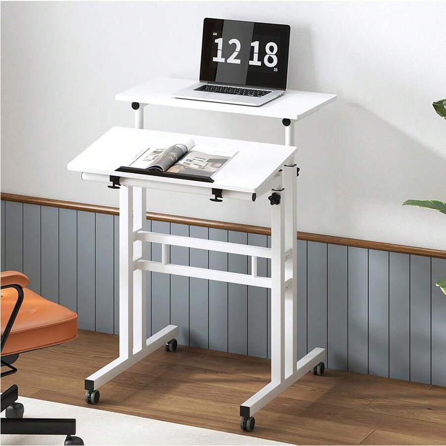 Rolling Standing Desk Height Adjustable, Mobile Stand Up Computer Desk, Sit-Stand Tiltable Top Desk Laptop Stand For Small Spaces - White - View 1