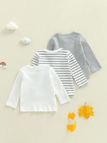 Pijamas unisex de otoño para bebé, paquete de 3, camisetas de manga larga acanaladas con rayas de color liso, de 0 a 12 meses - Colores mixtos - Ver 2