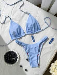 Bộ bikini gợi cảm buộc dây cổ, họa tiết vỏ sò sọc, dành cho nữ, thích hợp mặc đi biển mùa hè. - Màu xanh lam - Xem 9