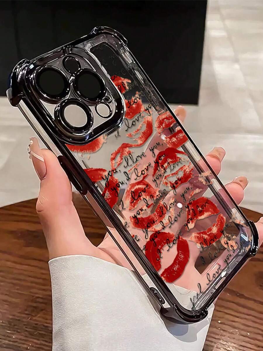 Red Kiss Pattern Compatible With Apple Phone 16/15/14/13/12/11/17/ProMax/Pro/Plus/Xs Max/XS/X,Lens Protection Transparent Soft Shell Drop Proof Phone - 黑色 - 查看 1