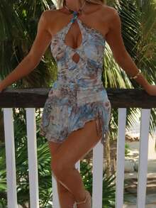 Onicee Women's Fashionable Sexy Ruffle Spaghetti Strap Slip Dress, Autumn - Blue - View 11