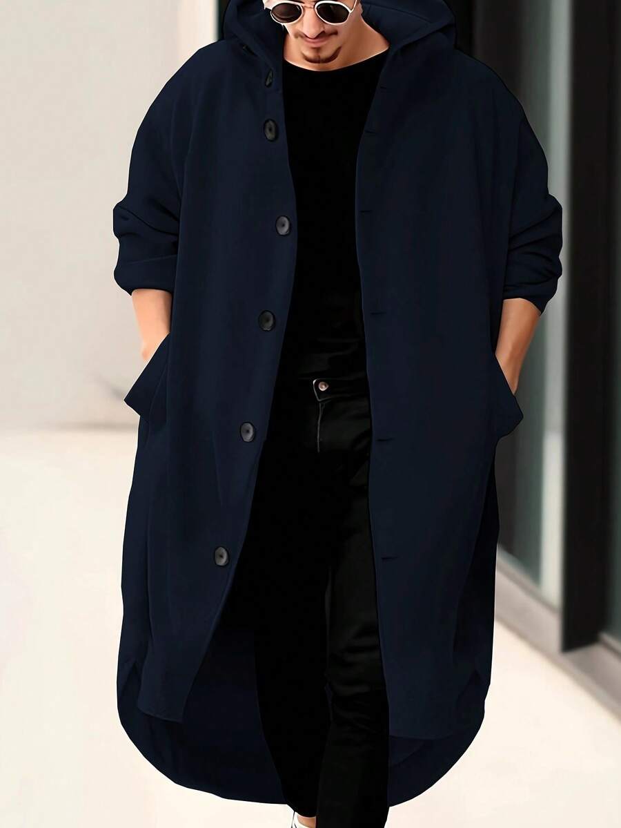Sudadera con capucha de diseño largo, clásica y versátil para hombres, de material suave y rígido con bolsillo inclinado en la parte delantera y diseño corto en la parte trasera, adecuada para uso casual, moda clásica, simple, salir, ir al trabajo y el invierno, de manga larga - Azul Marino - Ver 1