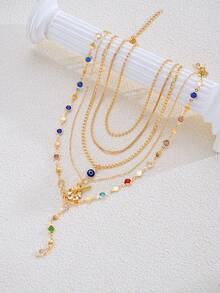 2pcs/1set Fashionable Vintage Elegant Devil's Eye Y-Shaped Long Necklace Set For Women, Inlaid Colorful Faux Gemstone, Suitable For Daily, Party, Vacation, Date, Holiday Gift