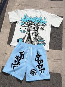 HAFIME Statue Of Liberty Letter Print T-Shirt And Drawstring Shorts Set For Men, 100% Cotton Shirt + Bermuda Shorts - 白色+藍色 - 查看 1