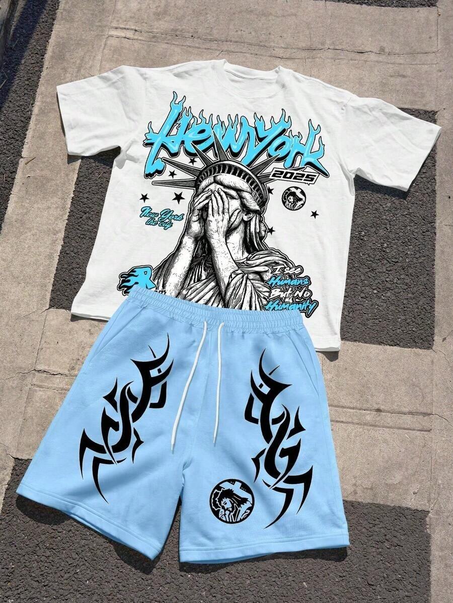 HAFIME Statue Of Liberty Letter Print T-Shirt And Drawstring Shorts Set For Men, 100% Cotton Shirt + Bermuda Shorts - 白色+藍色 - 查看 1