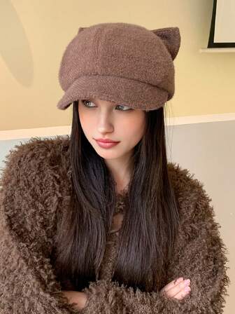 1pc Women's Cat Ear Beret Hat, Casual Cute Bohemian Elegant New Korean Style Autumn/Winter Hat, Windproof Warm Petite Versatile Wide Brim