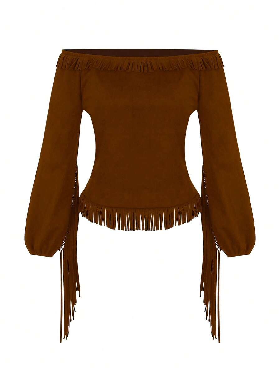 ii Vintage Western Gothic Style Off-Shoulder Fringe Blouse For Women, Suitable For Halloween Spring