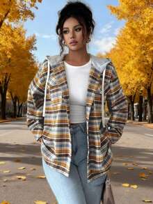 Women's Button-Up Hooded Shirt - Plaid Sweater-Like Top, Non-Stretch Fabric For Spring/Fall Layering, Everyday Casual Formal Outfits - Coffee Brown - View 4