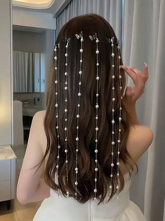 2pcs Faux Pearl Decorative Hair Clips, Elegant Hair Accessories, Fashion Versatile Hair Jewelry, Wedding Items, Headpiece, Head Chain