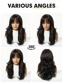 Brown Synthetic Wig With Bangs, Dark Brown Long Wavy Layered Wig, Suitable For Women's Daily Party Cosplay Wig 20 Inch For Everyday, Holiday, Travel Party Role-Play Wear - 棕色 - 查看 9