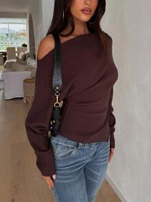 优雅时尚休闲不对称肩部针织毛衣，修身不对称套头衫，适合日常通勤 - 棕色 - 查看 4