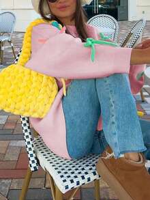 彩色蝴蝶结3D装饰宽松落肩圆领长袖针织套头衫，休闲可爱，适合秋冬季节穿着，时尚百搭，适合情人节/圣诞节粉色假期 - 粉色 - 查看 4