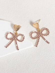 1 Pair Fashionable High-End Exquisite Minimalist Elegant Cute Pink Rhinestone Heart Shaped Dangle Earrings, Caring For Women's Health - Heart Rhinestone Ribbon Earrings - View 5
