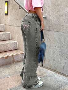 女士经典刺绣后袋直筒休闲牛仔裤，长款春季款 - 灰色 - 查看 3