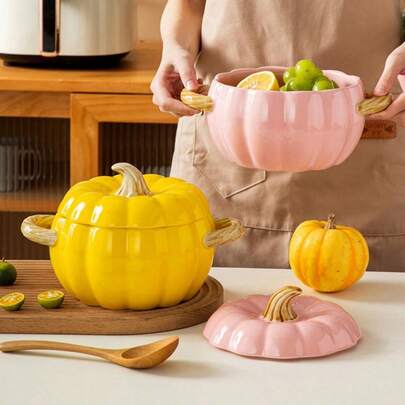 Handmade Ceramic Pumpkin Shaped Soup Bowl With Lid - Heat-Resistant, Easy To Clean, Multipurpose Casserole Dish, Available In Red, Orange, Yellow, Pink, Suitable For Autumn/Winter Holidays, Durable Kitchen Utensil, Perfect For Serving And Cooking, Ceramic Bowl With Floral Pattern, Ideal For Daily Use And Special Occasions, Great For Soups, Stews And Casseroles, Soup Pot/Bowl With Lid
