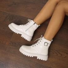 1 双女式羊毛衬里短靴，圆头系带，适合室内外穿着，侧拉链厚底女式摩托车靴 - 米色 - 查看 2