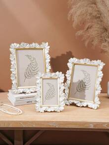 1pc White Resin Frame With Gold Trim, 3D Daisy Flower Pattern Decorative Photo Frame, Square Shape For Home Desktop Display, Horizontal & Vertical Use, Suitable For Home Decor And Photography Props - White - View 4