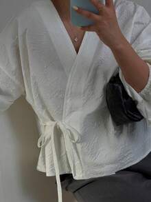 Women's Casual Long Sleeve Tie Front Blouse, Spring/Summer - White - View 5
