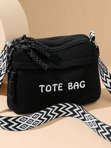 Women's Fashion Corduroy Material Letter Print Multi-Compartment Multi-Zipper Shoulder Bag, Convenient Lightweight Travel Bag With Multiple Pockets For Shopping Or Travel - Black - View 12