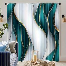 2D Flat, 2-Piece Festive Christmas Decor Window Curtains, Digital Print With Modern Teal & Golden With Abstract Wave Design, Christmas Window Curtain Gift For Bedroom, Living Room, Office, Night Curtain Suitable For General Festivities And Winter Holiday Parties, Perfect For Living Room, Kitchen, Bedroom, And Holiday Winter Decor, Outdoor Christmas Decorations, Rod Pocket Design, Fade-Resistant, Xmas Artistic Style - 彩色 - 查看 2