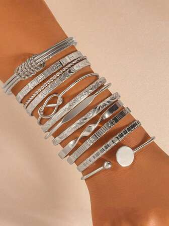 12 Parça Moda Metal Dokulu Kalp Şeklinde Bilezik Seti, Boho Ayarlanabilir Katmanlı Bileklik, Günlük ve Parti Giyimine Uygun, Arkadaşlar ve Aile İçin İdeal Hediye