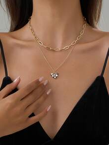 Tkool Bộ 2 dây chuyền kẹp giấy kẻ caro thời trang & mặt dây chuyền hình trái tim bằng đồng oxy hóa hình khối Zirconia, quà tặng ngày lễ tình nhân cho bạn gái (Số lượng móc dây chuyền ngẫu nhiên) - Vàng - Xem 1