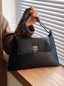 Fashionable Elegant Street Vacation Solid Color Chain Retro Versatile Shopping Shoulder Envelope Tote Bag - Black - View 4