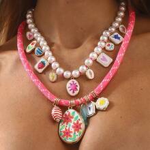 Mydear 1 件波西米亚花卉和红珊瑚多元素吊坠项链，适合女性在海滩度假时佩戴