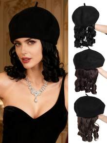 多种帽子颜色可供选择，优雅卷曲鲍勃女士假发帽 - 耐高温纤维，封闭式网状帽，合成鲍勃头发，带额外延长，多用途冬帽，理想的圣诞礼物 - 彩色 - 查看 1